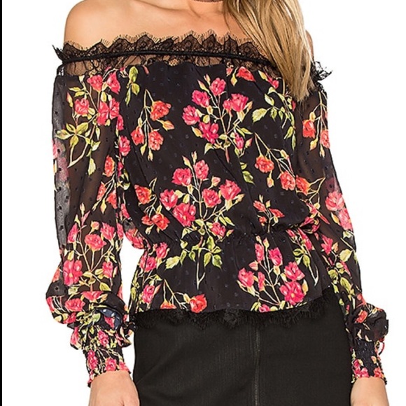 NBD Tops - NEW NBD Revolve Dylan Black Red Floral Swiss Dot Off The Shoulder Blouse XS